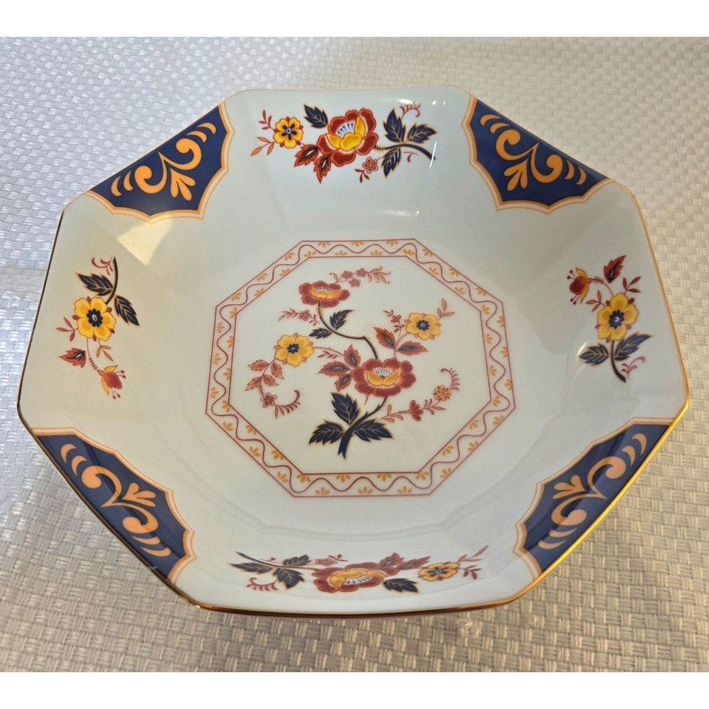 Vintage Mikasa Far East Octagonal Floral Serving Bowl Gold Trim Blue L6104 Japan